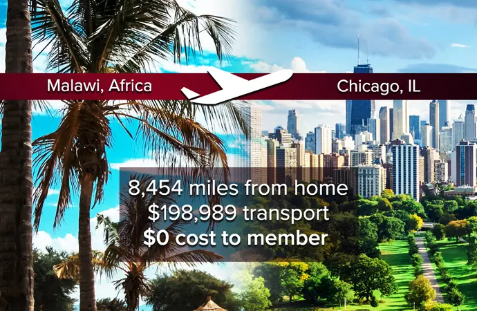  Split image of Malawi, Africa and Chicago, IL skyline with text showing 8,454 miles from home and $198,989 transport cost, $0 cost to member.