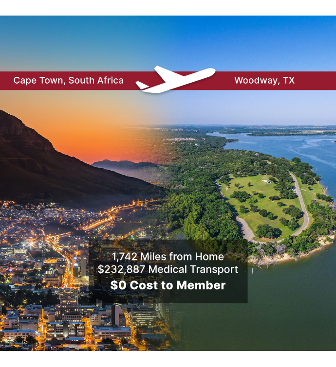 Split image of Malawi, Africa and Chicago, IL skyline
with text showing 8,454 miles from home and $198,989 transport cost, $0 cost to member.