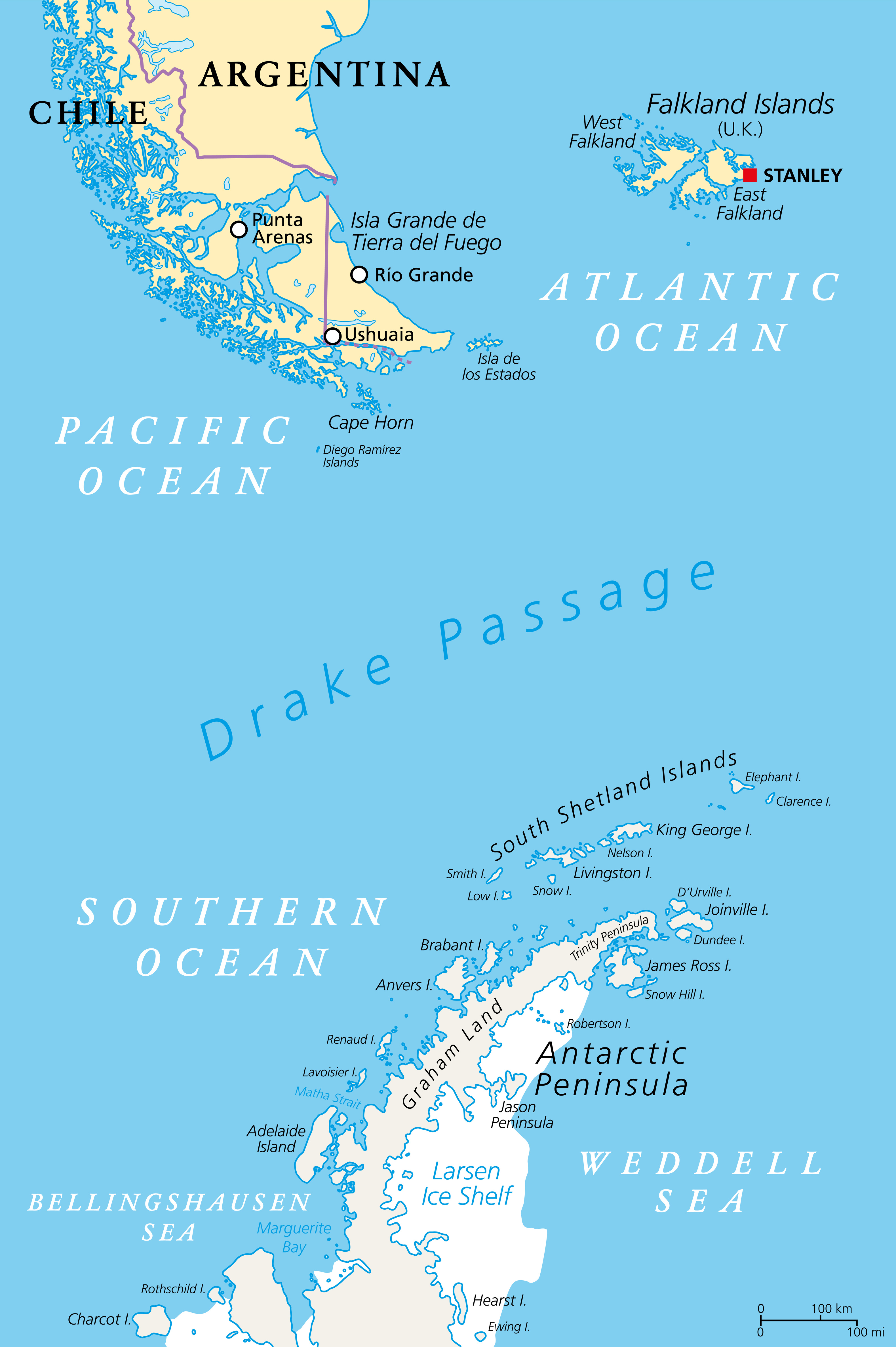 South America to Antarctica map