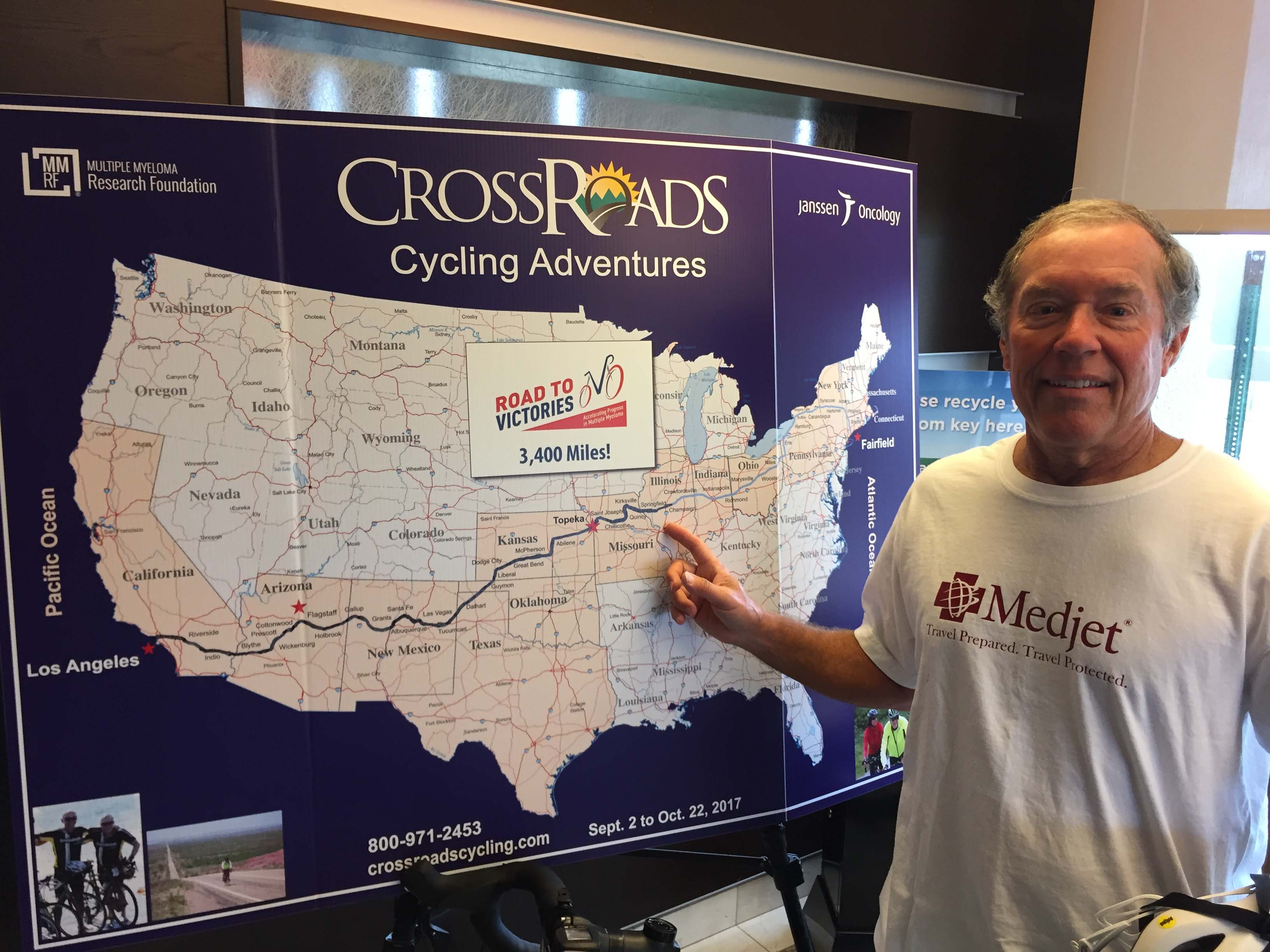 Chuck repping his Medjet shirt while showing his biking route