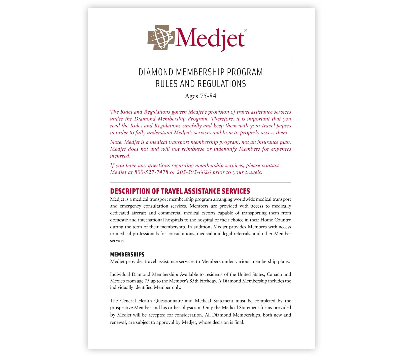 Medjet Diamond Membership Rules and Regulations